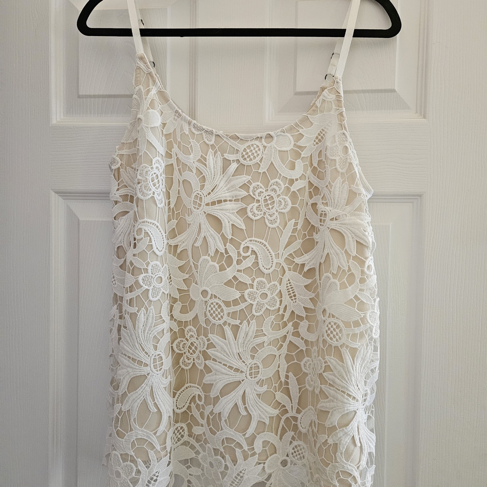 CAbi White Floral Lace Camisole with Nude Slip